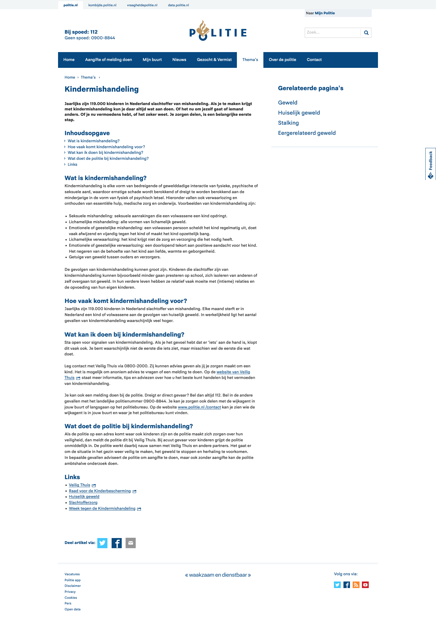 Screenshot van een pagina op Politie.nl over kindermishandeling.